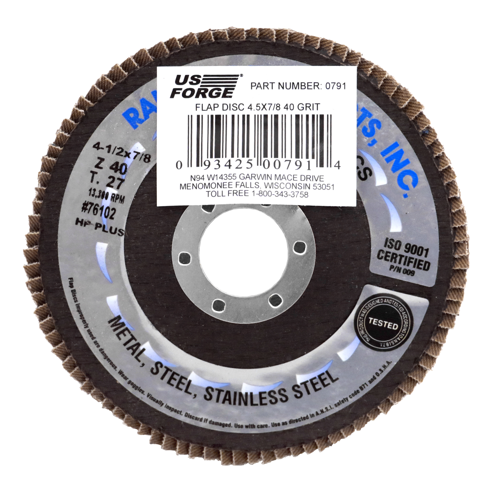 US Forge® 4.5" x 7/8" T27 Z40 Grit Flap Disc, Model# 791